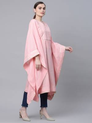 Ahalyaa Women Light Pink Cotton Printed Flared Sleeve Kaftan Kurta 3