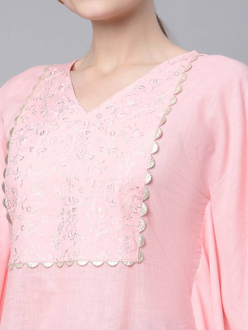 Ahalyaa Women Light Pink Cotton Printed Flared Sleeve Kaftan Kurta