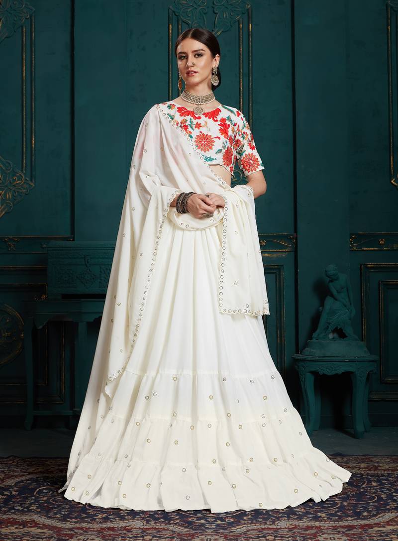 White thread embroidery semi stitched lehenga MESMORE 3799922