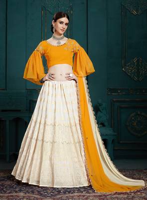 White thread embroidery georgette semi stitched lehenga 1