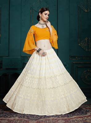White thread embroidery georgette semi stitched lehenga 2