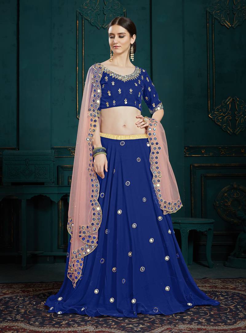 Navy-blue thread embroidery georgette semi stitched lehenga