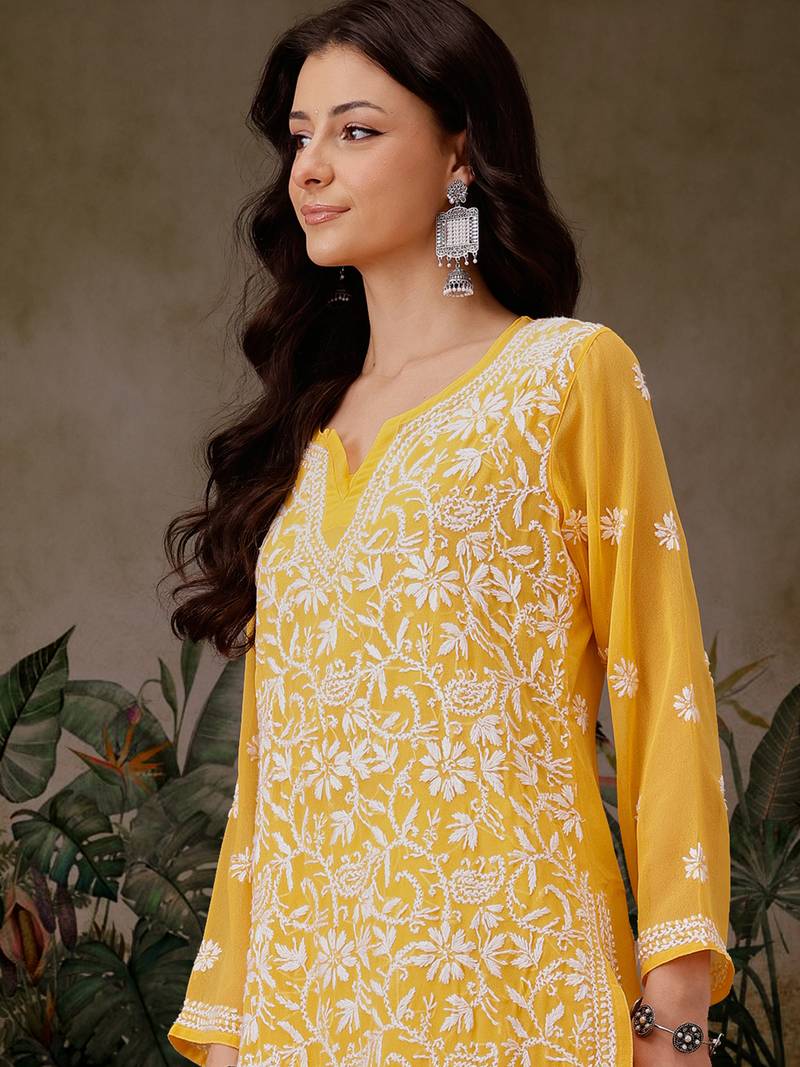 Women'S Hand Embroidered Yellow Georgette Lucknow Chikankari Straight Kurta With Slip