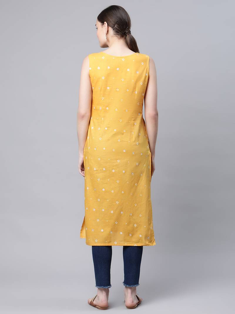Ahalyaa Women's Mustard Cotton Printed Kurta
