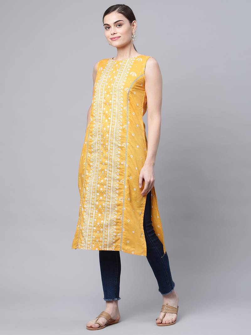 Ahalyaa Women's Mustard Cotton Printed Kurta