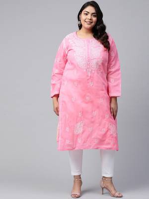 Ada Women's Hand Embroidered Pink Cotton Lucknowi Chikankari Women Kurta - A133537 5