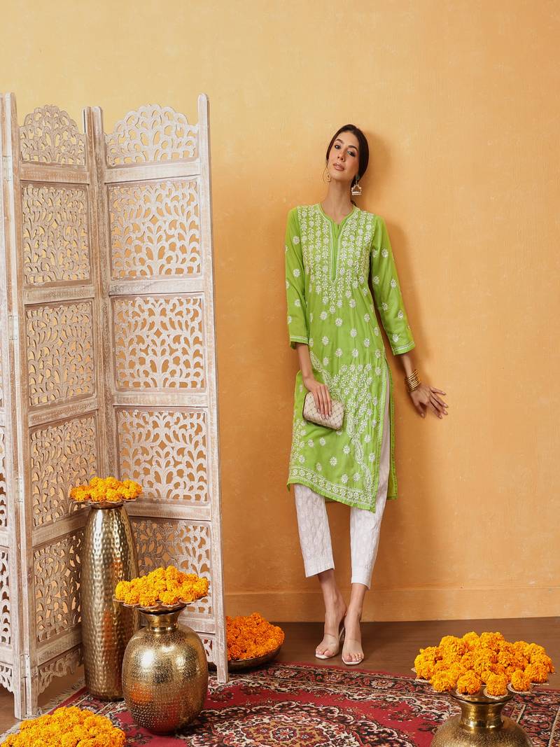 Green Embroidered Cotton Chikankari Women Kurta