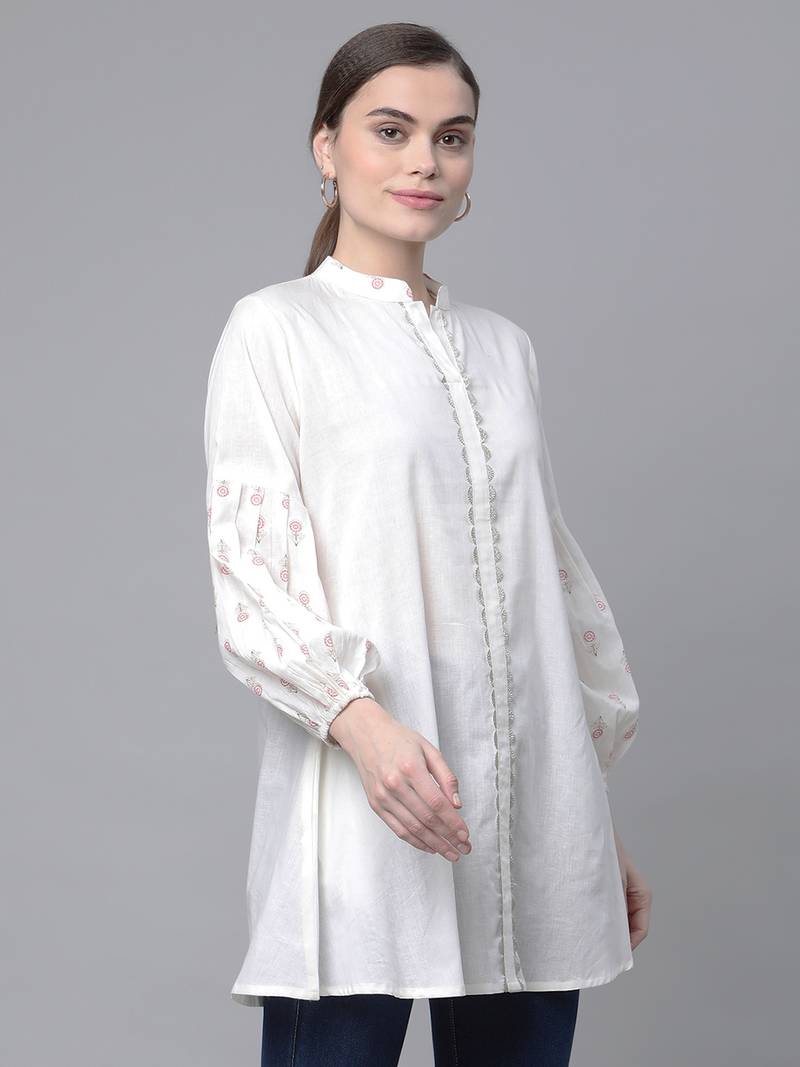 Ahalyaa Women Off White Cotton Printed Tunic