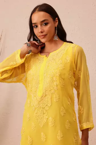 Hand Embroidered Yellow Faux Georgette Lucknowi Chikankari Women Kurta With Slip