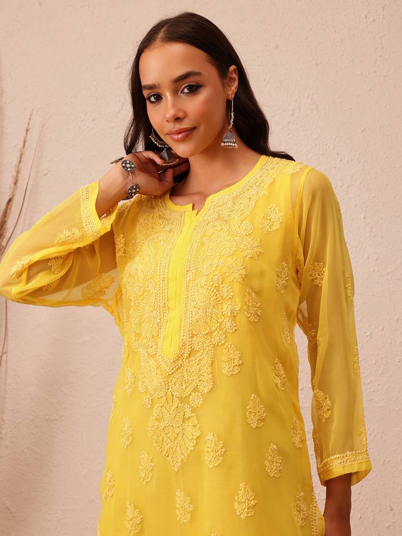 Hand Embroidered Yellow Faux Georgette Lucknowi Chikankari Women Kurta With Slip