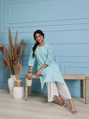 Hand Embroidered Blue Cotton Lucknow Chikankari Women Kurta 6