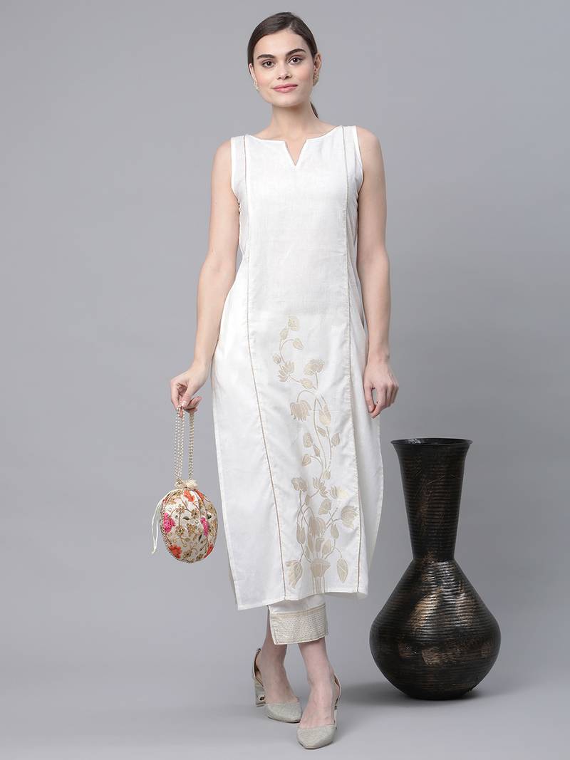 Ahalyaa Women Off White Cotton Printed Kurta with Trousers