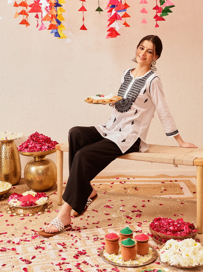 Cotton White Embroidered Chikankari Quarter Sleeve Short Kurti
