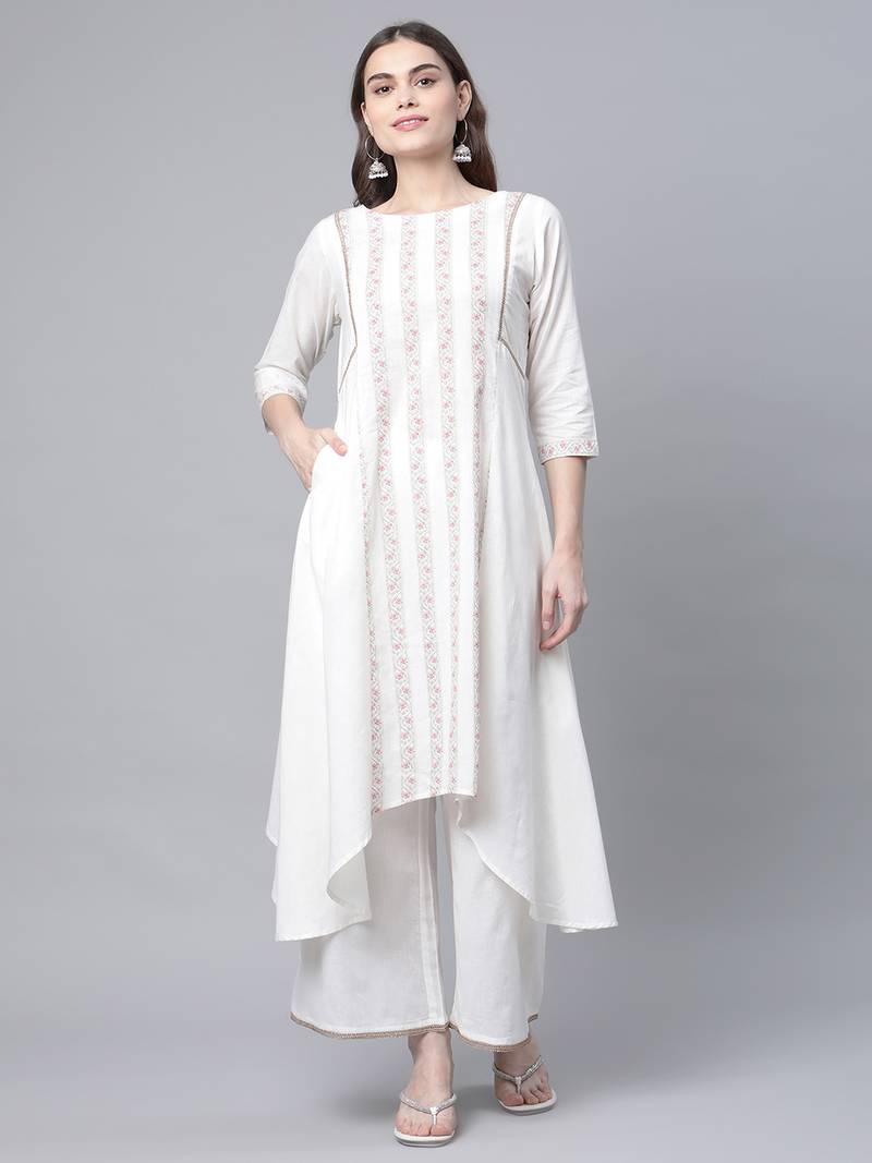 Ahalyaa Women's Off white Cotton Printed Asymmetric Kurta Palazzo Set