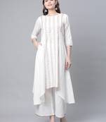 Ahalyaa Women's Off white Cotton Printed Asymmetric Kurta Palazzo Set