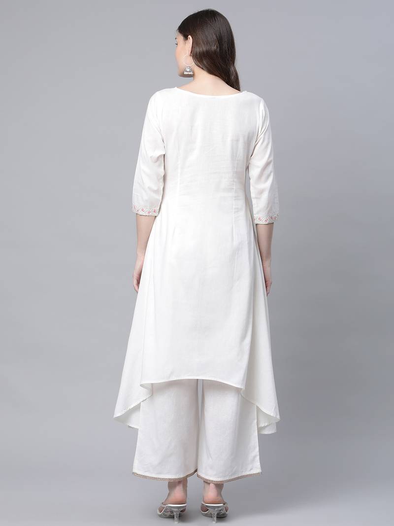 Ahalyaa Women's Off white Cotton Printed Asymmetric Kurta Palazzo Set