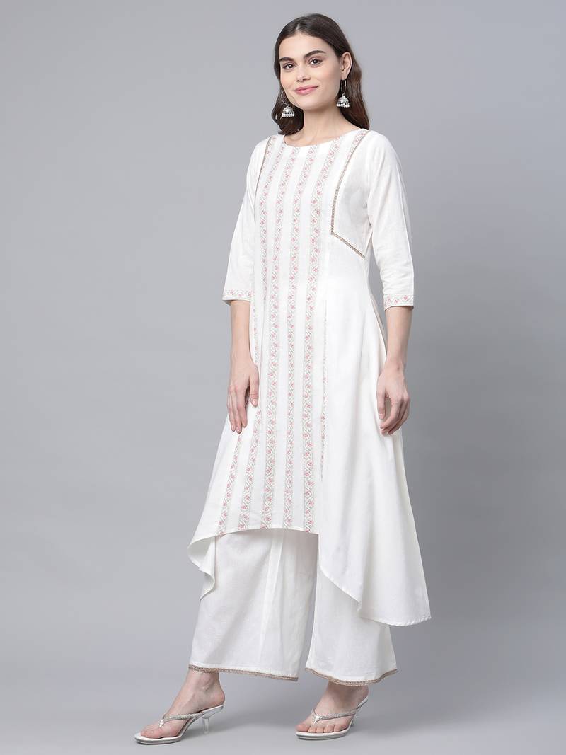 Ahalyaa Women's Off white Cotton Printed Asymmetric Kurta Palazzo Set