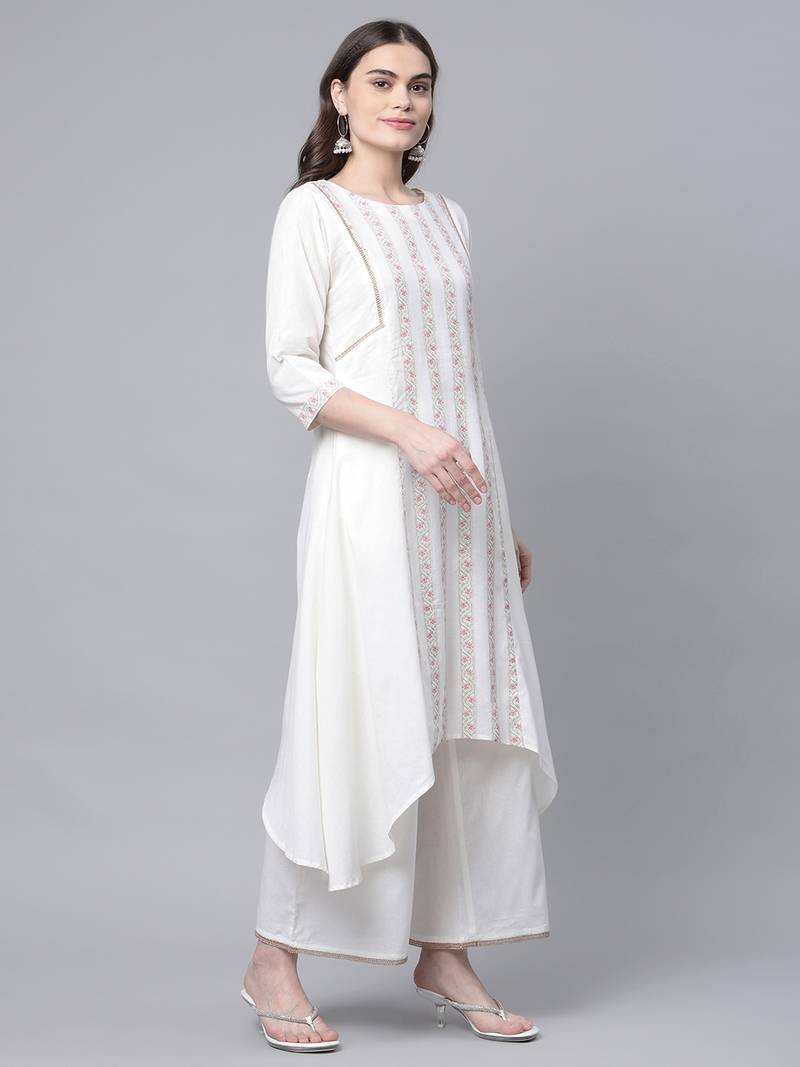 Ahalyaa Women's Off white Cotton Printed Asymmetric Kurta Palazzo Set