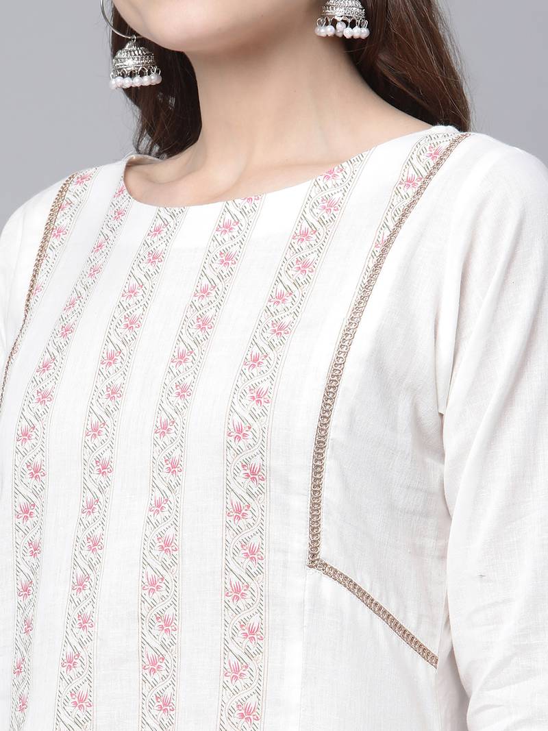 Ahalyaa Women's Off white Cotton Printed Asymmetric Kurta Palazzo Set