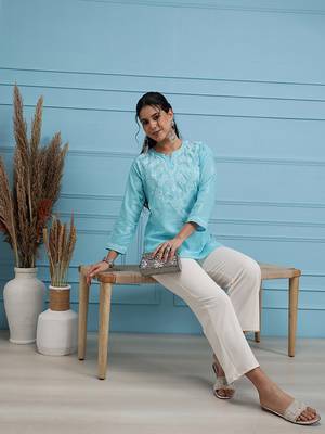 Cotton Blue Embroidered Chikankari Quarter Sleeve Stitched Women Short Kurti 6