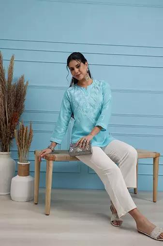 Cotton Blue Embroidered Chikankari Quarter Sleeve Stitched Women Short Kurti