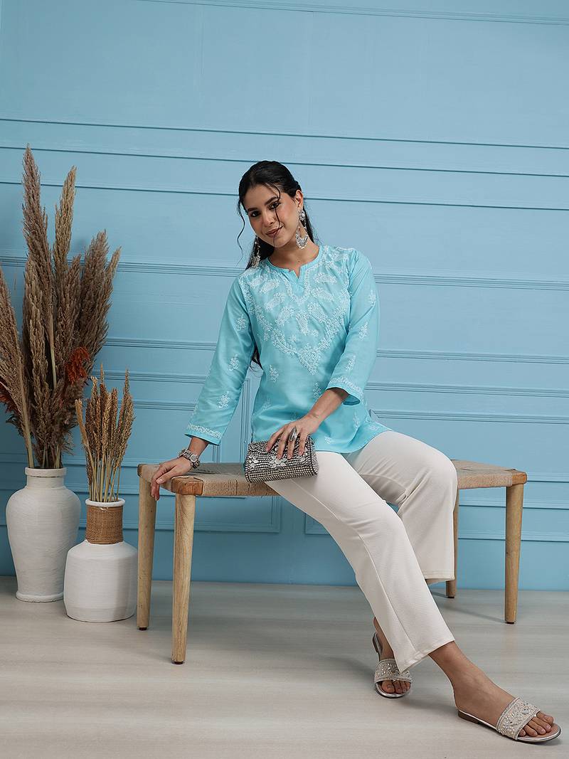 Cotton Blue Embroidered Chikankari Quarter Sleeve Stitched Women Short Kurti