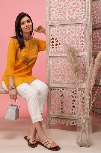 Cotton Yellow Embroidered Chikankari Quarter Sleeve Stitched Women Short Kurti