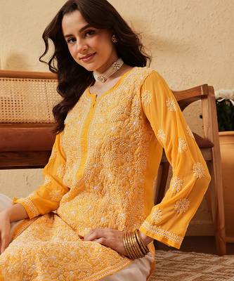 Hand Embroidered Yellow Georgette Lucknow Chikankari Women Kurta 6