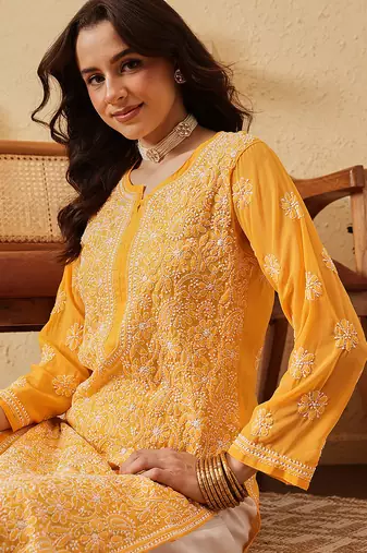 Hand Embroidered Yellow Georgette Lucknow Chikankari Women Kurta