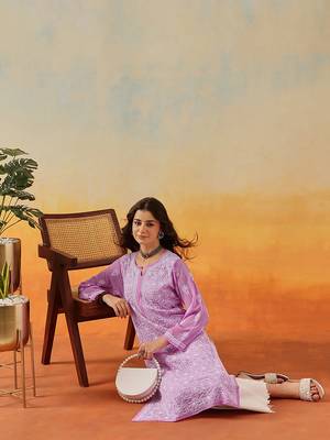 Hand Embroidered Lavender Georgette Lucknow Chikankari Women Kurta 5