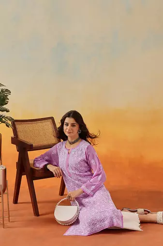 Hand Embroidered Lavender Georgette Lucknow Chikankari Women Kurta