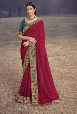 Heavy Vichitra Silk Embroidered Border Saree 1