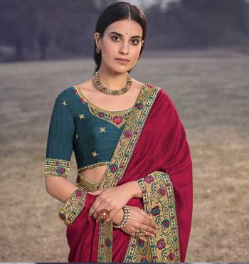 Heavy Vichitra Silk Embroidered Border Saree 2