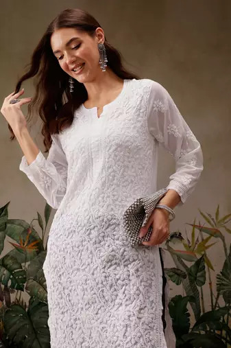 Hand Embroidered White Georgette Lucknow Chikankari Women Kurta