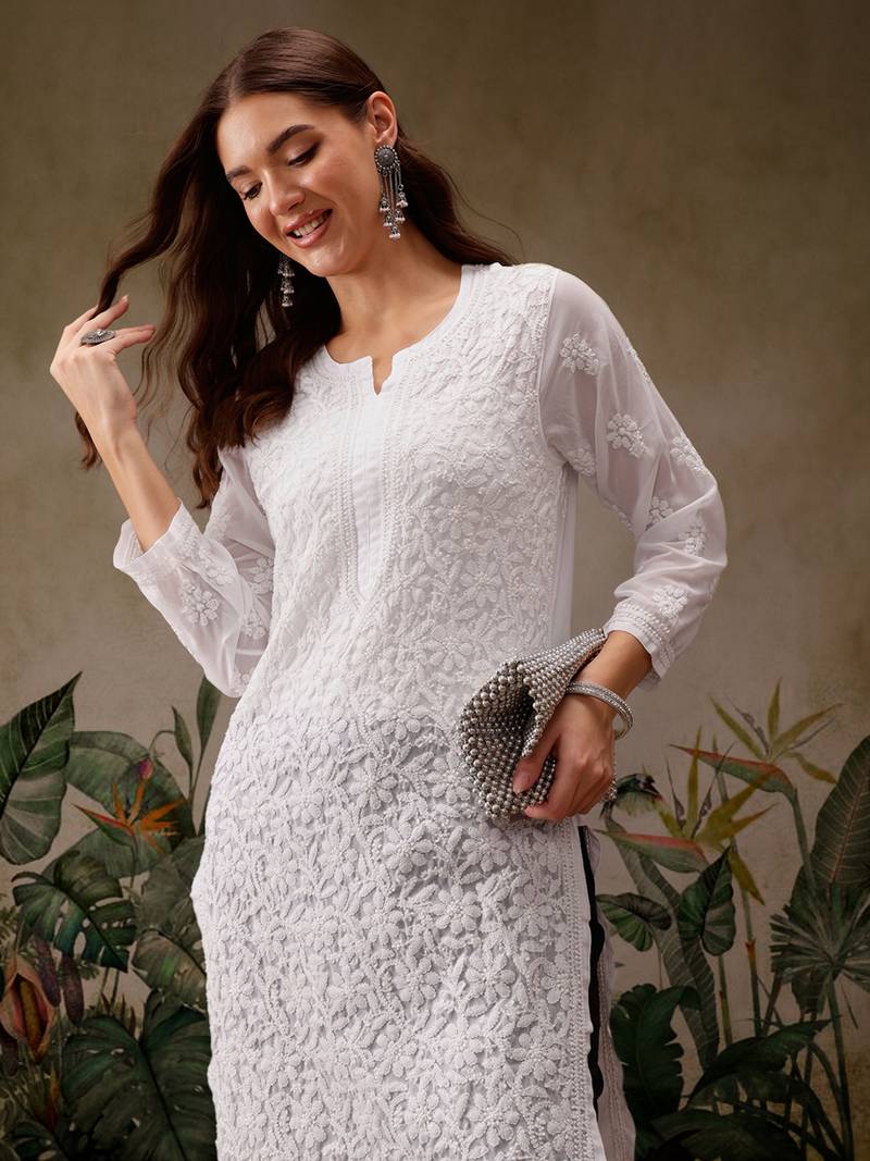 Hand Embroidered White Georgette Lucknow Chikankari Women Kurta
