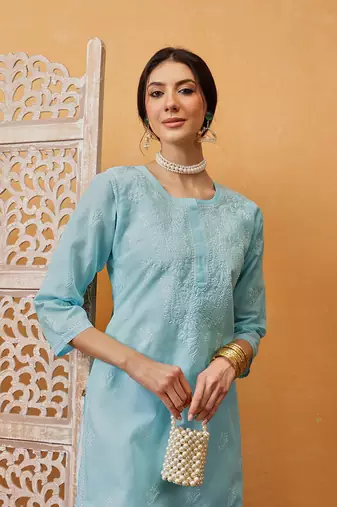 Hand Embroidered Blue Cotton Lucknow Chikankari Women Kurta