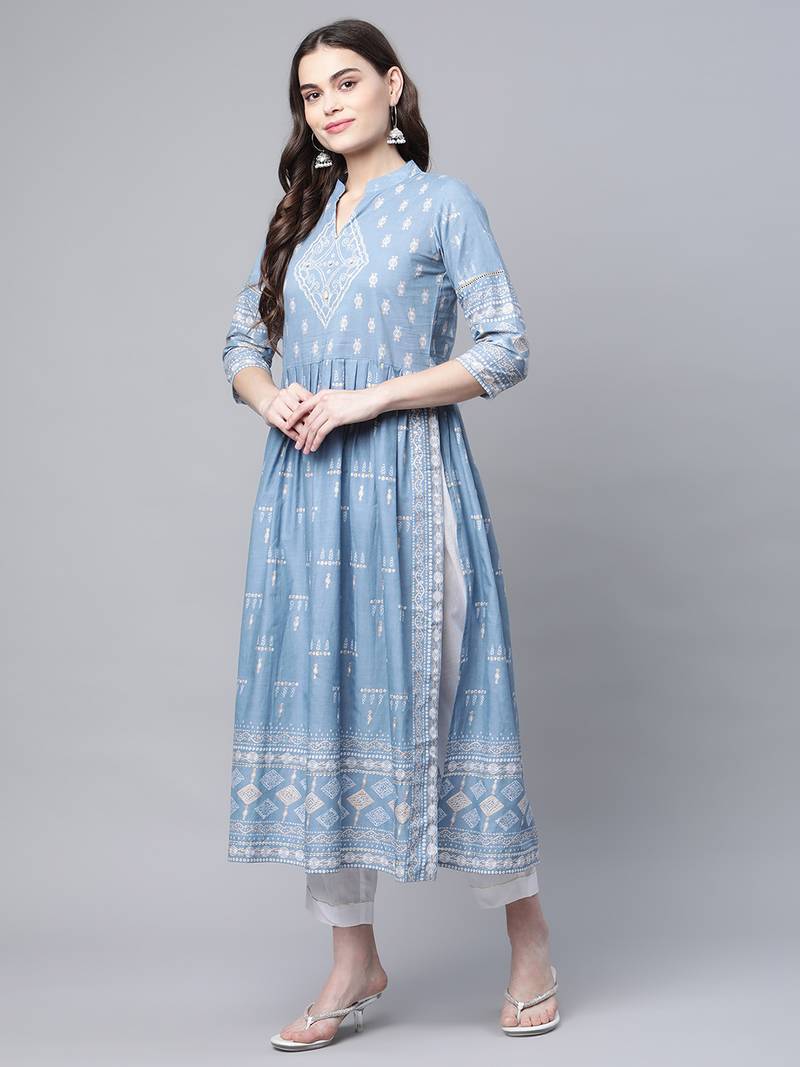 Ahalyaa Women Pastel Blue Printed Kurta Pant Set With Dupatta