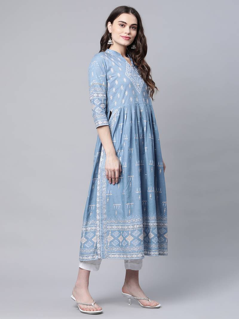 Ahalyaa Women Pastel Blue Printed Kurta Pant Set With Dupatta