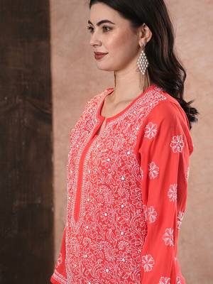 Hand Embroidered Brick Red Georgette Lucknowi Chikankari Women Kurta 5