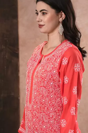 Hand Embroidered Brick Red Georgette Lucknowi Chikankari Women Kurta