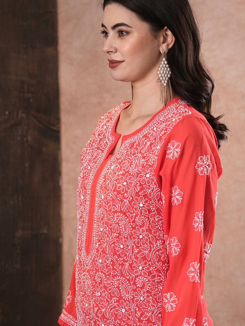 Hand Embroidered Brick Red Georgette Lucknowi Chikankari Women Kurta
