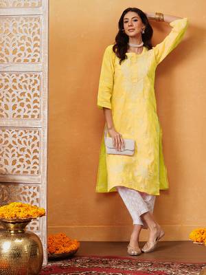 Hand Embroidered Yellow Cotton Lucknowi Chikan Women Kurta 6