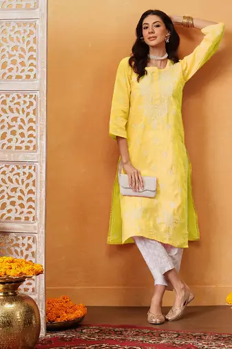 Hand Embroidered Yellow Cotton Lucknowi Chikan Women Kurta