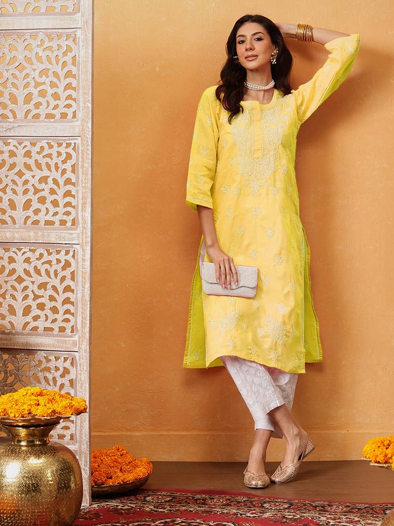 Hand Embroidered Yellow Cotton Lucknowi Chikan Women Kurta