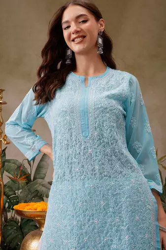 Hand Embroidered Blue Georgette Lucknowi Chikan Women Kurta