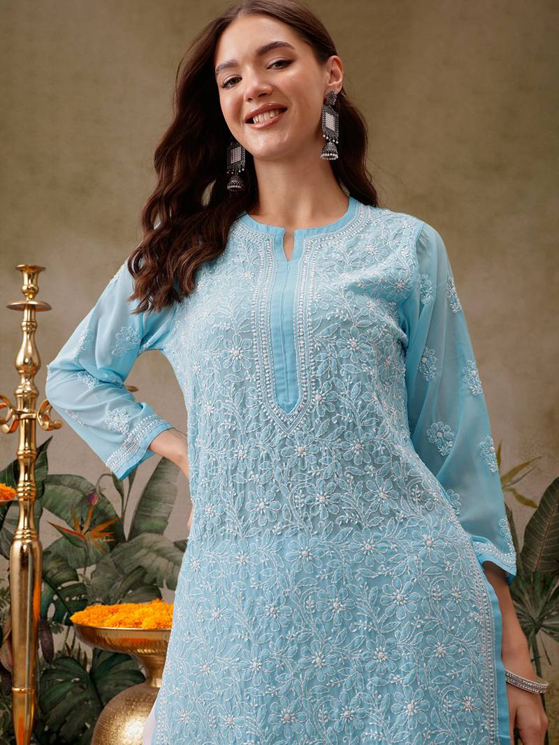 Hand Embroidered Blue Georgette Lucknowi Chikan Women Kurta