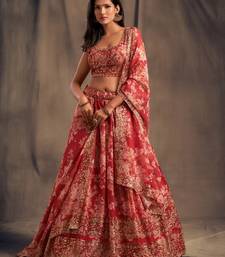 Red Floral Print & Sequins Embroidered Organza Floral Lehenga