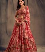 Red Floral Print & Sequins Embroidered Organza Floral Lehenga