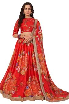 Bewitching Red floral print & sequins embroidered Organza fabric floral lehenga