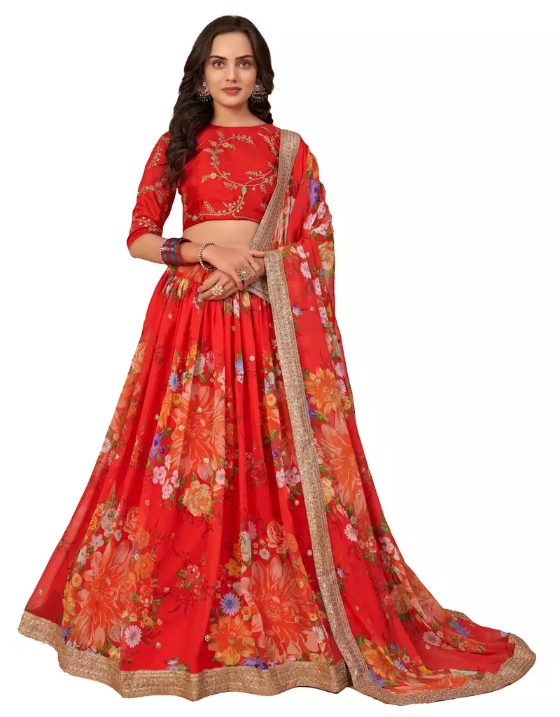 Bewitching Red floral print & sequins embroidered Organza fabric floral lehenga